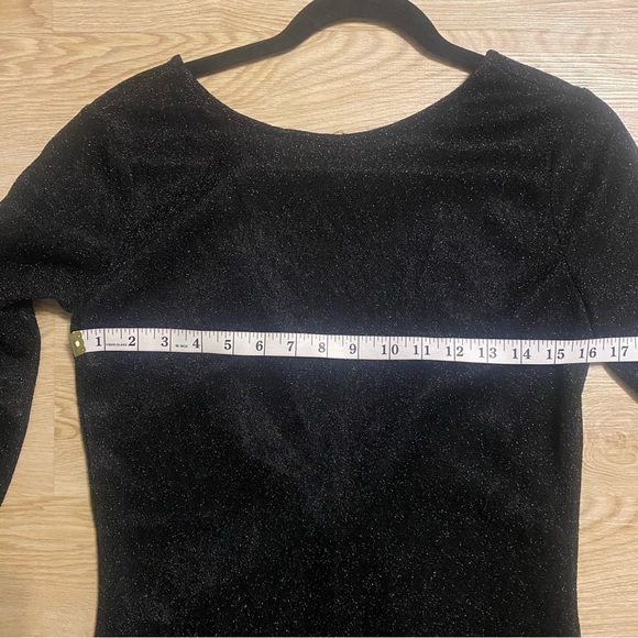 Evening Luxe Moves Black Glitter Midi Dress Sheer Sleeves & Deep V-Back Large - Picture 3 of 8